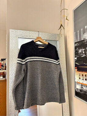 Vintage Sonoma Striped Crewneck Sweater in Gray & Black Size Large